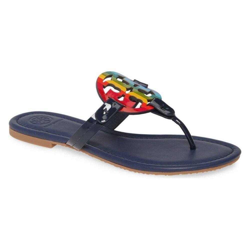 TORY BURCH Navy Blue Rainbow Logo Patent Leather Miller $258 Slides Sandal 7